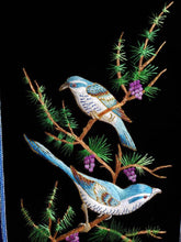 Load image into Gallery viewer, Embroidered bird tapestry of two blue birds embroidered in silk on black velvet with ornate border, zardozi art.
