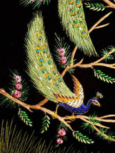 Load image into Gallery viewer, Embroidered peacock tapestry, embroidered silk and velvet tapestry of two peacocks with blue border, zardozi wall art, close up view.
