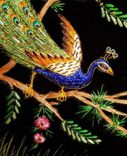 Load image into Gallery viewer, Embroidered peacock tapestry, embroidered silk and velvet tapestry of two peacocks with blue border, zardozi wall art, close up view.
