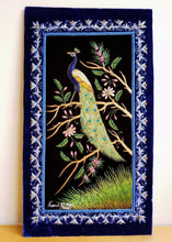 Load image into Gallery viewer, Embroidered peacock wall art, silk peacock tapestry embroidered on black velvet with ornate border, zardozi peacock wall hanging.
