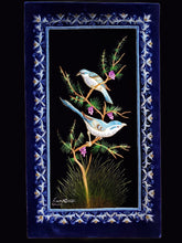 Load image into Gallery viewer, Embroidery wall art of two blue birds embroidered in silk on black velvet with ornate border, zardozi art.
