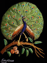 Load image into Gallery viewer, Embroidered peacock wall art, silk peacock embroidered on black velvet, zardozi art.
