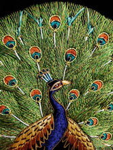 Load image into Gallery viewer, Embroidered peacock wall art, silk peacock on black velvet, zardozi tapestry, close up of feathers. 
