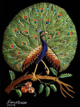 Load image into Gallery viewer, Embroidered peacock wall art, silk peacock on black velvet, zardozi tapestry.
