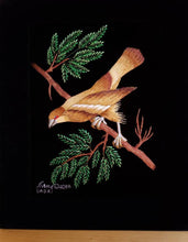 Load image into Gallery viewer, Embroidered bird wall art, brown hawk embroidered on black velvet, zardozi art. 
