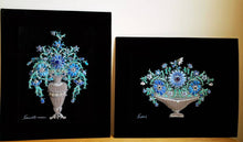 Load image into Gallery viewer, Embroidered floral wall art, pair of blue silk flowers in tall and short vases embroidered on black velvet, zardozi wall art.
