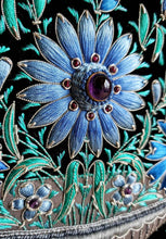 Load image into Gallery viewer, Embroidered floral tapestry, embroidered blue silk flowers in vase on black velvet with amethyst, zardozi tapestry, close up view of amethyst.

