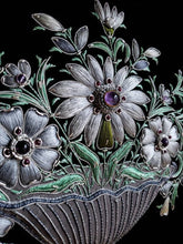 Load image into Gallery viewer, Hand embroidered silk floral tapestry wall art, embroidered gray silk flowers on black velvet with amethyst stone, zardozi tapestry, close up view.

