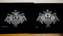 Load image into Gallery viewer, Two hand embroidered silk floral tapestries wall art, embroidered gray silk flowers on black velvet with amethyst stone, zardozi tapestry.
