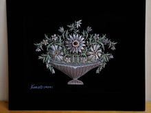 Load image into Gallery viewer, Embroidered floral tapestry wall art, embroidered gray flowers in taupe vase on black velvet, zardozi tapestry.
