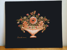Load image into Gallery viewer, Hand embroidered floral tapestry wall art, orange peach color silk flowers embroidered on black velvet, zardozi tapestry.
