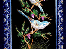 Load image into Gallery viewer, Embroidered bird tapestry of two blue birds embroidered in silk on black velvet with ornate border, zardozi art, close up view. 
