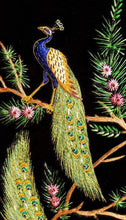 Load image into Gallery viewer, Embroidered peacock wall art, embroidered silk and velvet tapestry of two peacocks with blue border, zardozi wall art, close up view.
