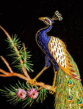 Load image into Gallery viewer, Embroidered peacock wall art, embroidered silk and velvet tapestry of two peacocks with blue border, zardozi wall art, close up view.
