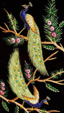 Load image into Gallery viewer, Embroidered peacock wall art, embroidered silk and velvet tapestry of two peacocks with blue border, zardozi wall art, close up view. 
