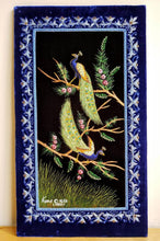 Load image into Gallery viewer, Embroidered peacock tapestry, embroidered silk and velvet tapestry of two peacocks with blue border, zardozi wall art.
