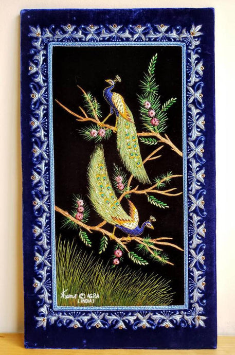 Embroidered peacock tapestry, embroidered silk and velvet tapestry of two peacocks with blue border, zardozi wall art.