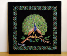 Load image into Gallery viewer, Embroidered silk peacock wall art with metallic threads and green onyx stones on black velvet in zardozi style. 
