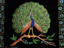 Load image into Gallery viewer, Embroidered silk peacock tapestry with metallic threads and green onyx stones on black velvet in zardozi style.

