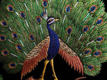 Load image into Gallery viewer, Embroidered silk peacock tapestry with metallic threads and green onyx stones on black velvet in zardozi style, close up. 
