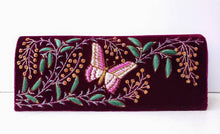 Load image into Gallery viewer, Silk purple butterfly embroidered on magenta purple velvet, zardozi purse. 
