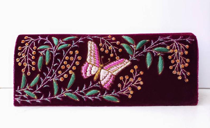 Silk purple butterfly embroidered on magenta purple velvet, zardozi purse. 