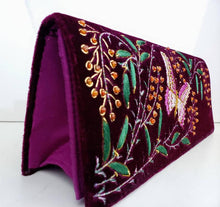 Load image into Gallery viewer, Magenta purple velvet evening bag embroidered with purple butterfly, zardozi purse, side view. 

