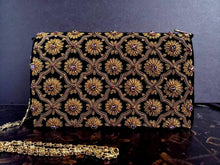 Load image into Gallery viewer, Luxury black velvet evening bag embroidered with copper flowers and embellished with amethysts, zardozi purse.
