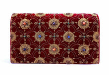 Load image into Gallery viewer, Burgundy velvet clutch bag embroidered with copper metallic flowers and embellished with semi precious stones, cord strap, zardozi evening bag.
