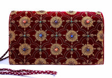Load image into Gallery viewer, Burgundy velvet clutch bag embroidered with copper metallic flowers and embellished with semi precious stones, cord strap, zardozi evening bag.
