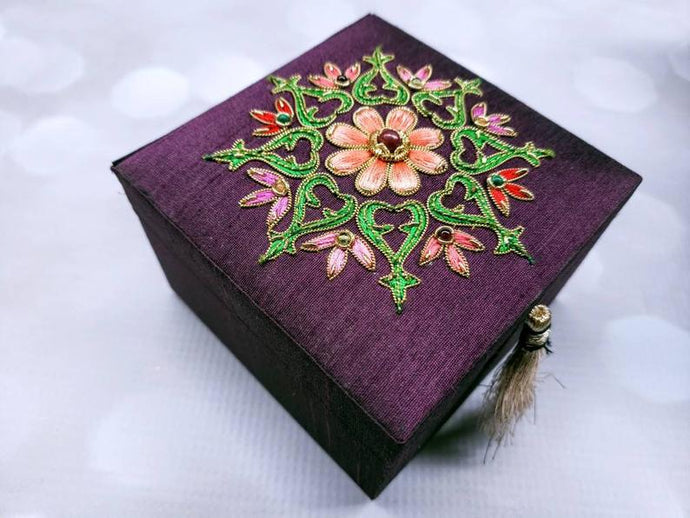 Small square purple silk gift box, jewelry box embroidered with orange flower and star ruby, zardozi box.