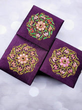 Load image into Gallery viewer, Set of three small square purple silk jewelry box gift box embroidered with flowers and star ruby, zardozi box.
