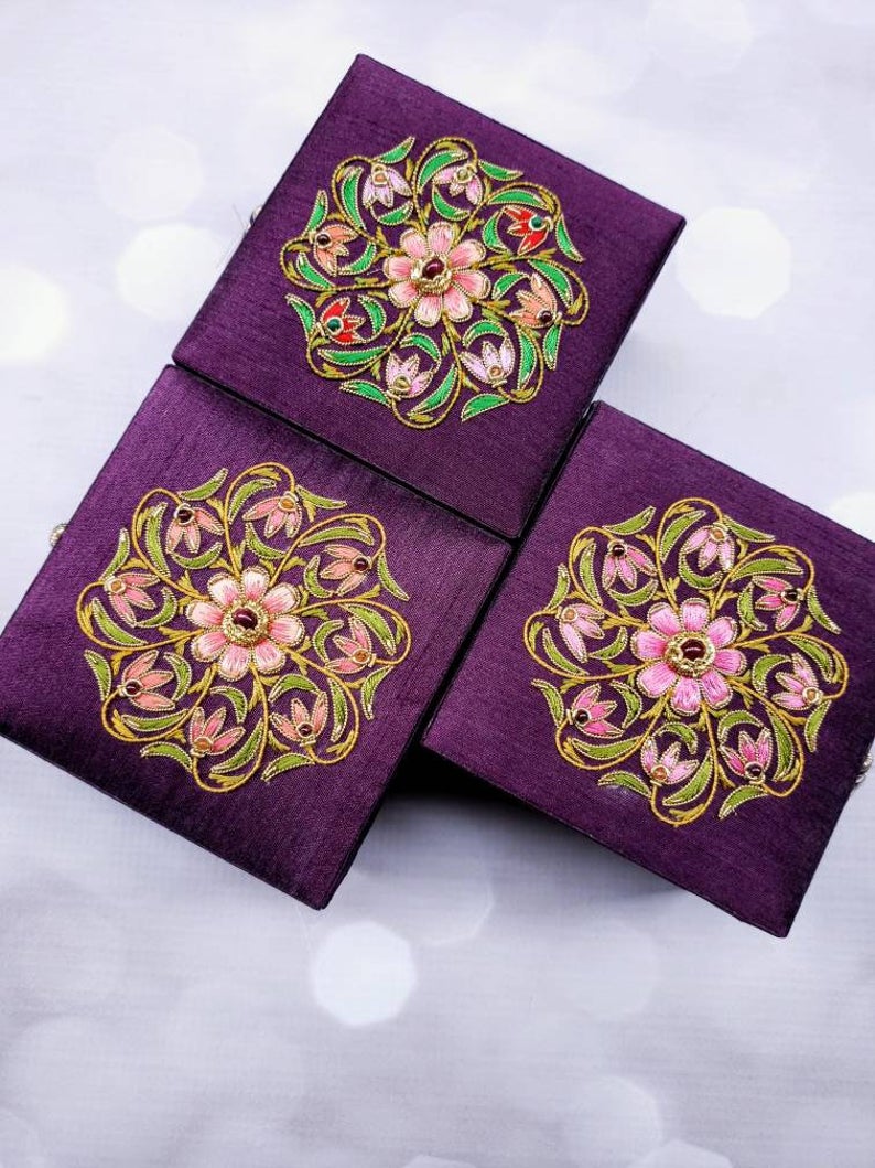 Set of three small square purple silk jewelry box gift box embroidered with flowers and star ruby, zardozi box.