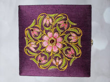 Load image into Gallery viewer, Small purple silk jewelry box gift box embroidered with pink flower and star ruby, zardozi box.

