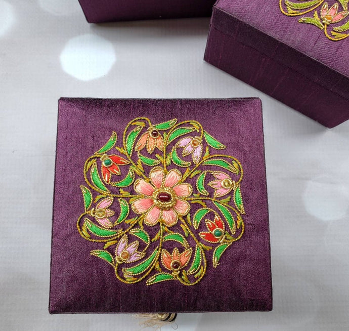 Small purple silk jewelry box gift box embroidered with multicolor flower and star ruby, zardozi box. 