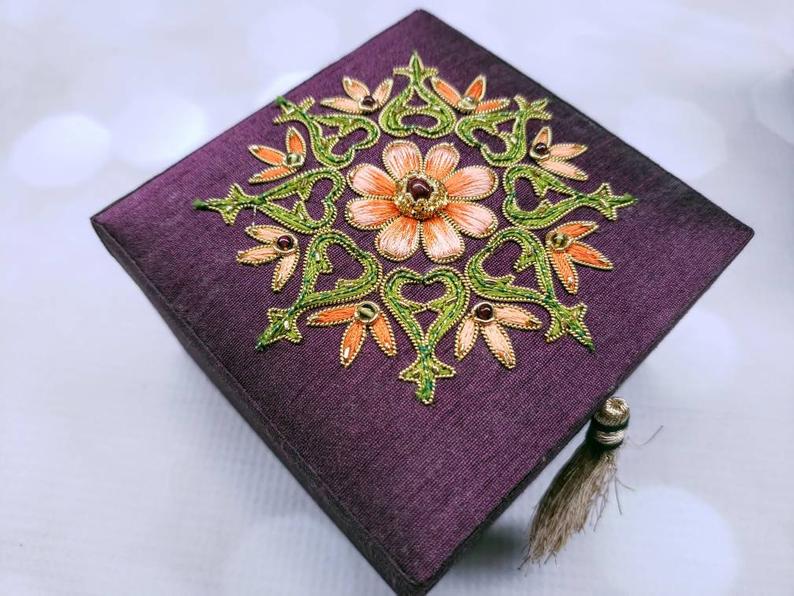 Small square purple silk gift box, jewelry box embroidered with orange flower and star ruby, zardozi box.