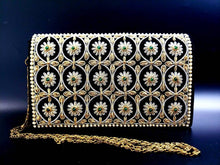 Load image into Gallery viewer, Luxury black velvet purse embroidered with gold work and embellished with genuine green onyx stones.
