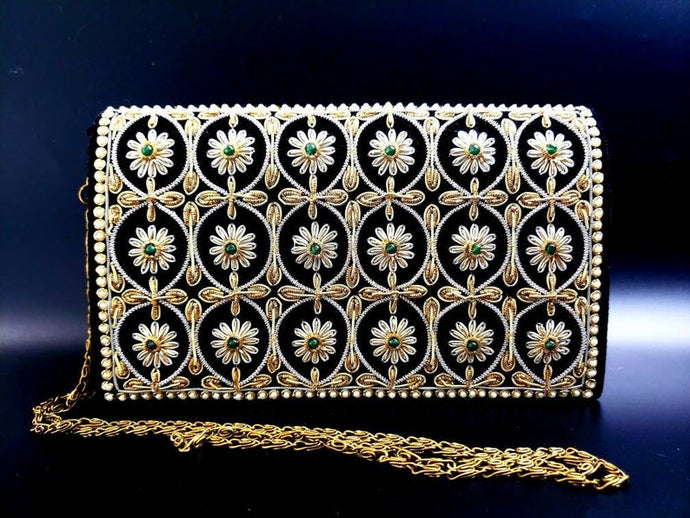 Luxury black velvet purse embroidered with gold work and embellished with genuine green onyx stones.