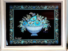 Load image into Gallery viewer, Embroidered silk turquoise blue flowers in blue vase on black silk, embellished with semi precious stones, framed, zardozi tapestry. 

