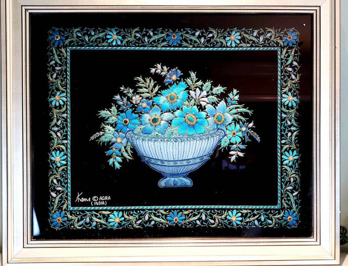 Embroidered silk tapestry of turquoise blue silk flowers in blue vase on black velvet with semi precious stones, zardozi wall art., framed.