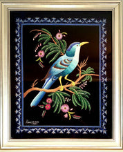 Load image into Gallery viewer, Embroidered bird wall art, large silk blue bird embroidered on black velvet with ornate border, framed, zardozi art. 
