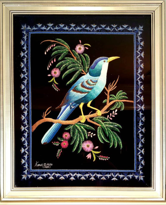 Embroidered bird wall art, large silk blue bird embroidered on black velvet with ornate border, framed, zardozi art. 