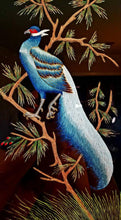 Load image into Gallery viewer, Framed embroidered bird tapestry, embroidered blue silk pheasant on black velvet with ornate border, zardozi art.
