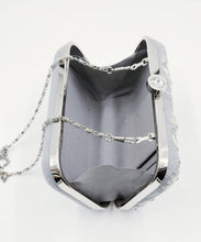 Load image into Gallery viewer, Zardozi evening bag clutch minaudiere in gray velvet, interior view. 
