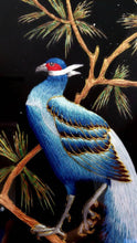 Load image into Gallery viewer, Framed embroidered bird tapestry, embroidered blue silk pheasant on black velvet with ornate border, zardozi art, close up view of head and wing. 
