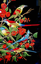Load image into Gallery viewer, Birds of Paradise hand embroidered silk tapestry of eight colorful birds in a red flower bush, masterpiece of zardozi art, close up view.

