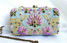Load image into Gallery viewer, Hand embroidered gray velvet box clutch minaudiere with lavender purple lotus flowers and embellished with semi precious stones, zardozi purse. 
