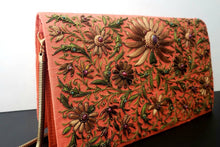 Load image into Gallery viewer, Zardozi embroidered clutch bag handbag with silk flowers and star ruby
