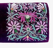 Load image into Gallery viewer, Magenta velvet clutch bag hand embroidered with pink silk flowers and embellished with genuine semi precious stones, zardozi purse, close up. 
