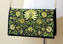 Load image into Gallery viewer, Luxury silk zardozi shoulder bag embroidered with silk chartreuse green flowers and embellished with genuine emerald cabochons, with gold tone strap.
